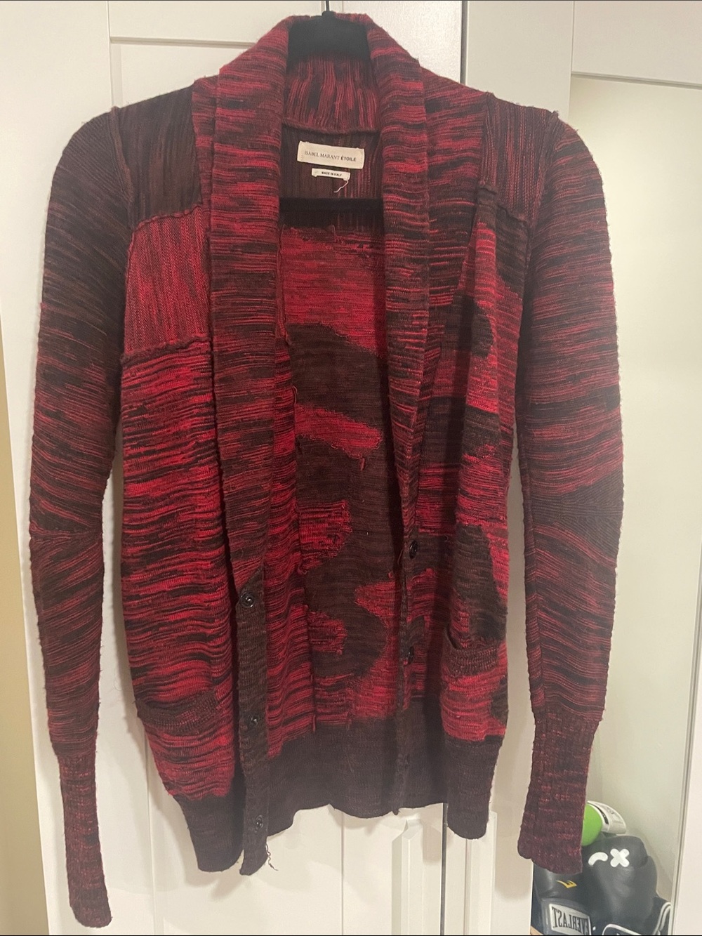 Isabel Marant Red and Black Marled Shawl-Collar Cardigan